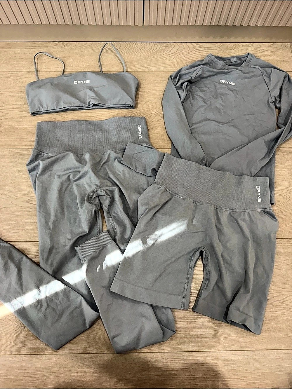 Dfyne Defy Collection Set (Leggings, Shorts, Bra, and Long Sleeve Top)